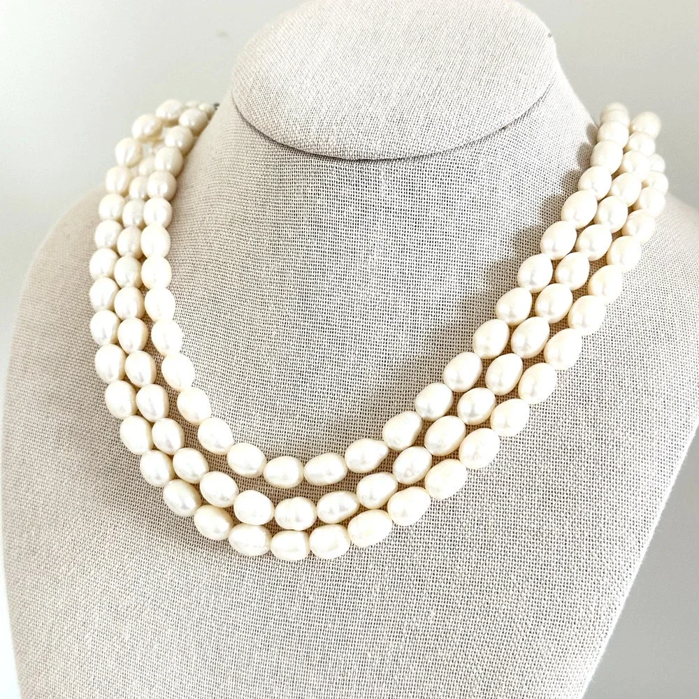 925 Sterling Silver Vintage Genuine Pearl Chunky Triple Strand 3 Row Necklace